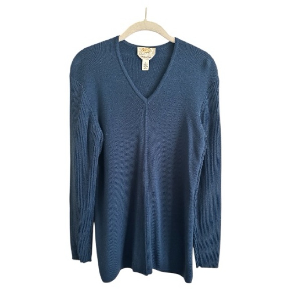 Talbots Petite Italy Vintage Sweater Merino Wool Blend Blue Ribbed Sleeves ps